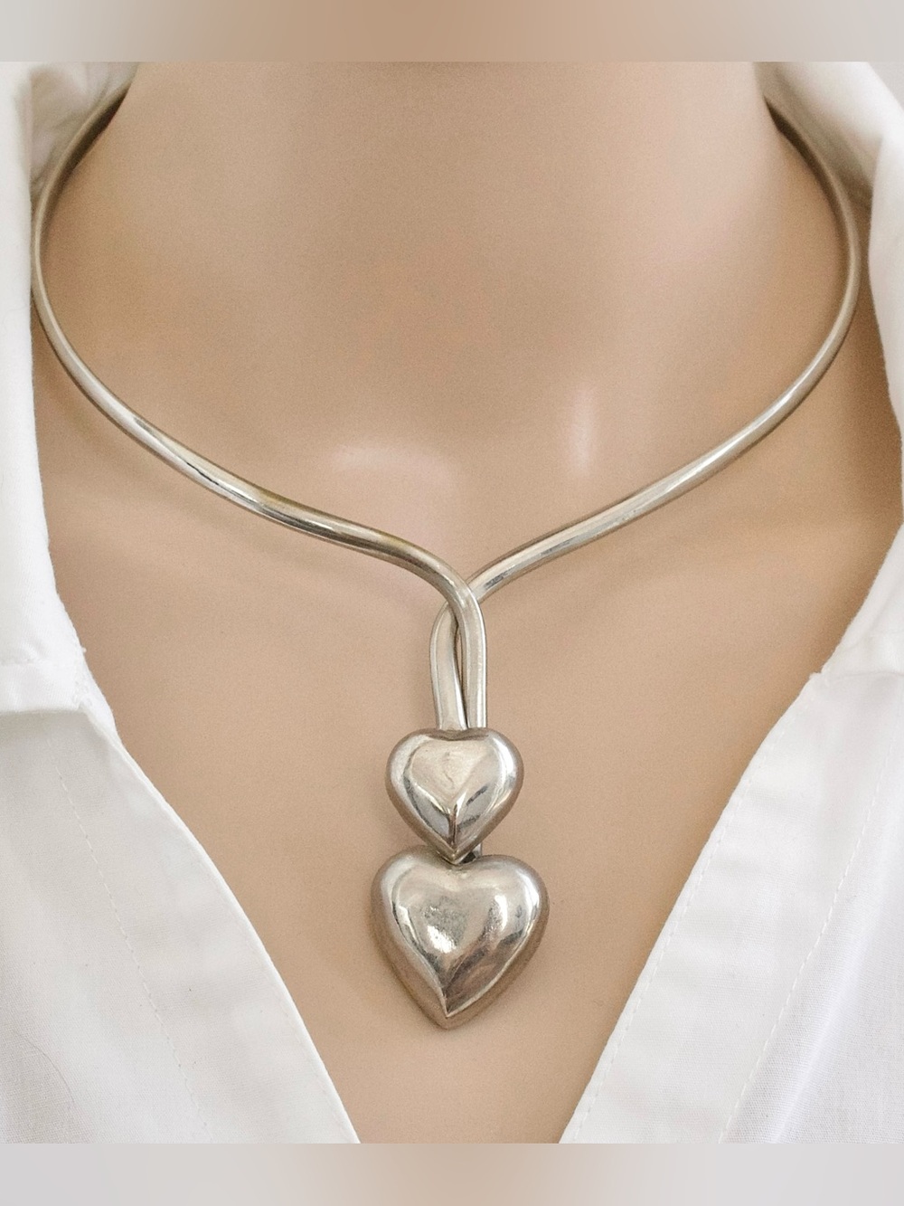 Vintage Silver Tone Double Heart Collar Necklace